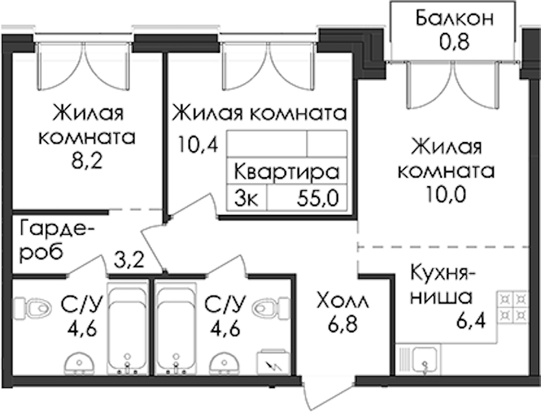 2-комнатная квартира 55 м², 4/9 эт., ЖК «Лермонтовский 54»